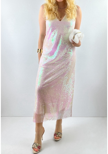 Modaonna Beyaz Payetli Maxi Elbise