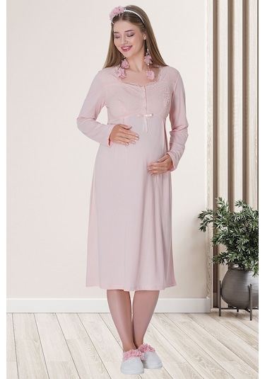 Mecit Pijama Mecit 5715 Pudra Sabahlıklı Lohusa Gecelik Takım