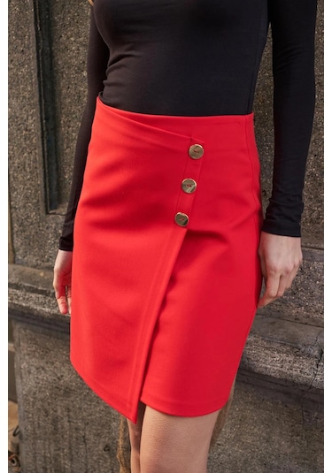 Kadın Arkadan Fermuarlı Düğme Detaylı Hafif Likralı Kumaş Diz Üstü Kalem Etek-kırmızı Kırmızı