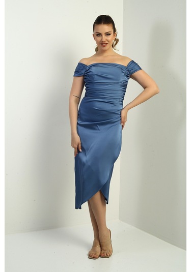 Kadın Madonna Yaka Drapeli Asimetrik Saten Kısa Elbise İndigo