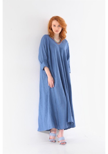 İtalyan V Yaka Uzun Kol Keten Elbise-8907 Petrol Mavisi