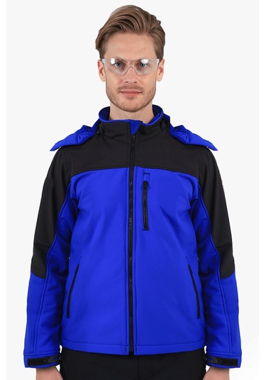 Çift Renkli Kapüşonlu Softshell Mont Saks Mavi - Siyah