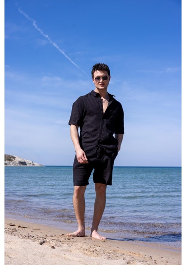 Keten Kumaş Siyah Renk Cep Detaylı Gömlek Şort Erkek Takım-1732 Siyah