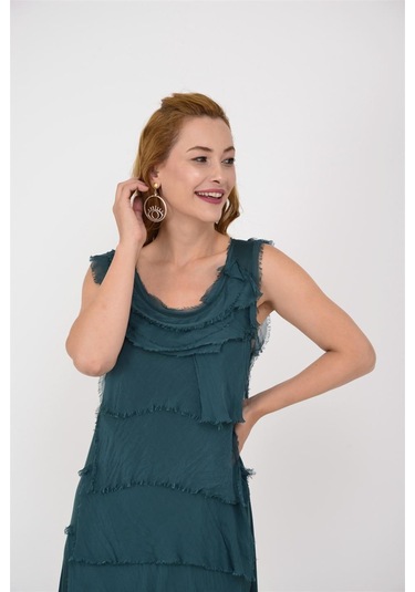 Italyan 2 Beden İnce Gösteren Kat Kat Kolsuz Ipek Elbise Zümrüt Yeşili