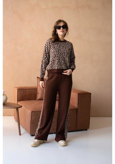 Kadın Geniş Yaka Desenli Kazak Pantolon İkili Triko Takım Kahve