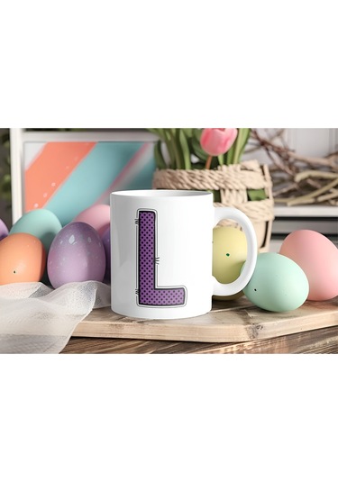 L Harfi Mor Puantiyeli Kupa Bardak - Polka Dot Tasarım Kahve Çay Bardak - Kişiye Özel Hediyelik Beyaz