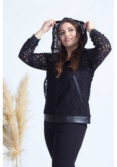 4031 SİYAH FERMUARLI DERİLİ KOMBİN DANTEL BÜYÜK BEDEN CEKET Siyah