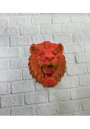 Dekoratif Asılabilir Aslan Başı 3d Duvar Heykeli Gold Red 20x21 C