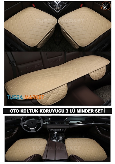 Araç Oto Koltuk Koruyucu Cepli Üçlü Minder Seti I Lüks Kapitone Deri Ön-arka Bej Oto Koltuk Minder