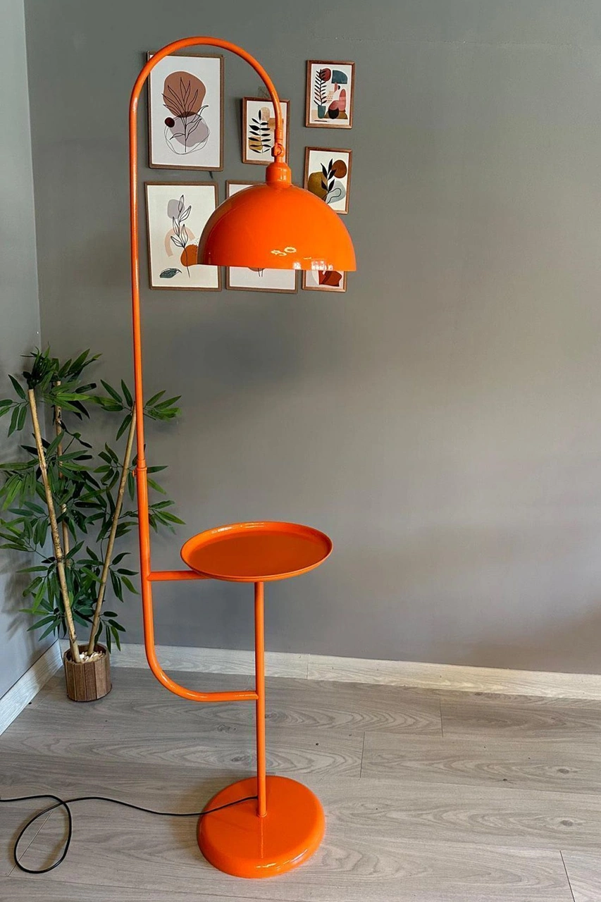 Dimmerli Işığı Ayarlanabilen Işığı Artırılıp Azaltılabilen Turuncu Tepsili Hareketli Başlık Metal Lambader Turuncu