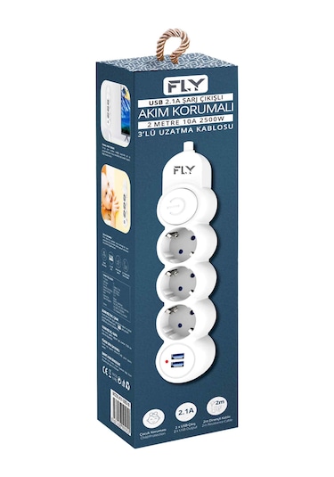 Fly  3393-01 Termal Akım Korumalı 2 USB 2 M 2.1 A 3'lü Priz
