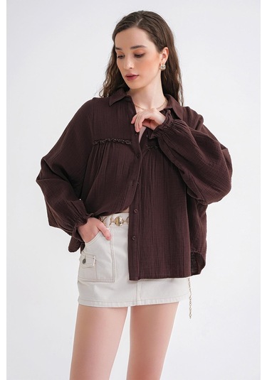 4677 Kadın Dantel Detaylı Müslin Gömlek Kahve Kahve