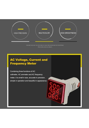 Reedark 3'ü 1 Arada Ac Akım Voltaj Frekans Göstergesi - 22mm Kare Led Ekran 60-500v/0-100a/20-75hz