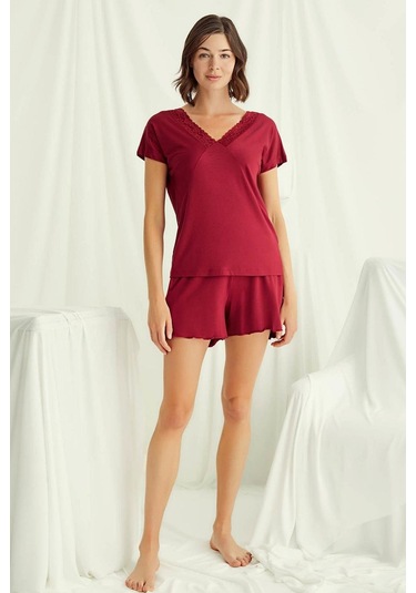 Monamise 18516 Kadın V Yaka Kısa Kollu Şortlu Pijama Takımı-kırmızı Kırmızı