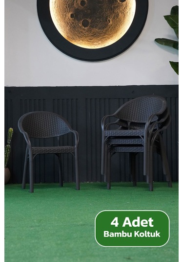 Alezy Bambu Rattan Kollu Koltuk 4 Adet Antrasit