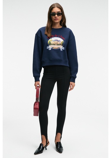 TALMERA Kadın Önü Baskılı Yuvarlak Yaka Lacivert Sweatshirt