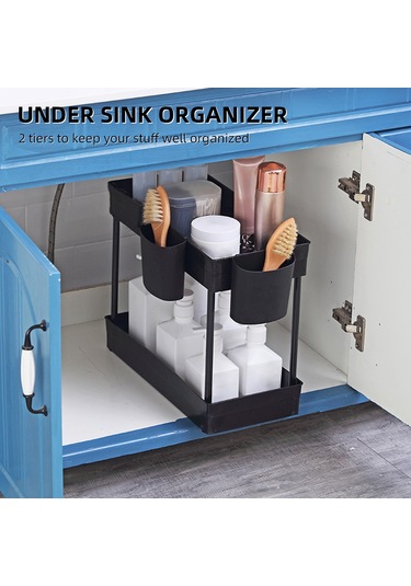 Singree 2 Katlı Lavabo Altı Organizatör - Paslanmaz Çelik Ayaklı, 2 Bardaklık İle Pratik Depolama Çözümü Siyah