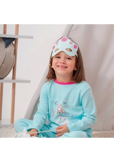 Deniz Kızı Desenli Çanta Ve Maskeli % 100 Pamuk Kız Çocuk Pijama Takımı Yeşil