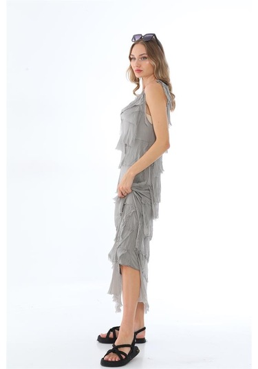 Italyan 2 Beden İnce Gösteren Kat Kat Kolsuz Ipek Elbise BEJ