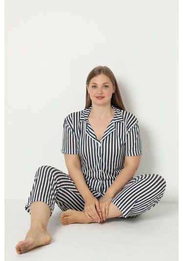 Fames Pijama Yazlik Düğmeli Büyük Beden Ev Giyim Lacivert