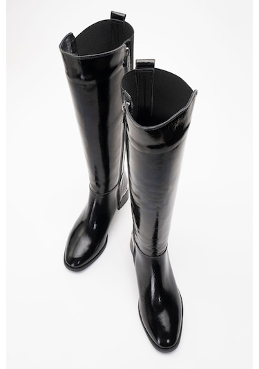 Rochos Siyah Rugan Streç Detaylı Hakiki Deri Kadın Çizme SİYAH RGN