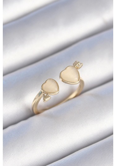 Ceylan Adam Pirinç Gold Renk Beyaz Mineli Kalp Model Kadın Yüzük Çok Renkli