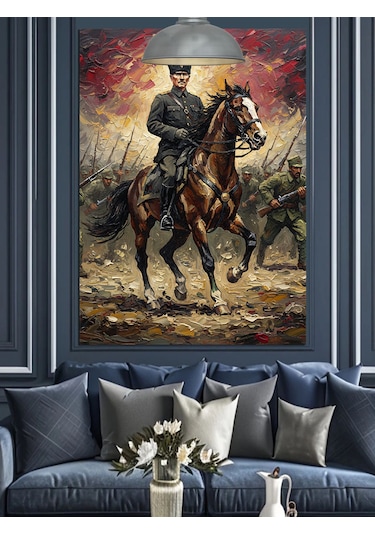 Savaş Meydanında At Üstünde Atatürk Dekoratif Kanvas - Mdf Ahşap Tablo