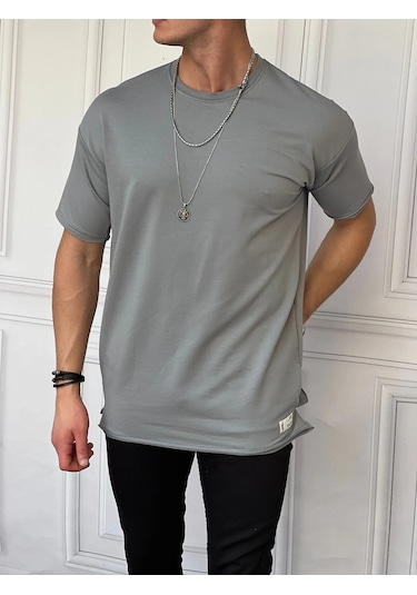 Modefendi Pamuk Likra Yırtmaç Detaylı 2 İplik Oversize Tshirt Gri