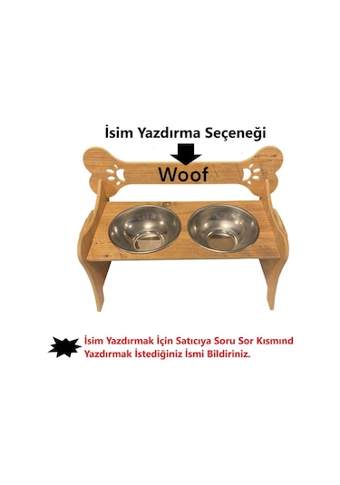 Realwood Özel İsim Baskılı Ahşap Kademeli Eğimli Çelik Kedi Köpek Mama Su Kabı 1 L