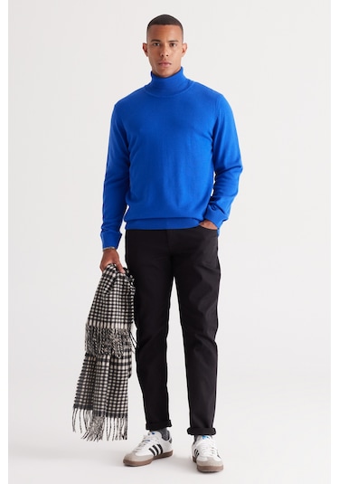 AC&Co / Altınyıldız Classics Erkek Saks Mavi Standart Fit Tüylenme Yapmayan Tam Balıkçı Yaka Triko Kazak 4A4922100004SKSS Mavi