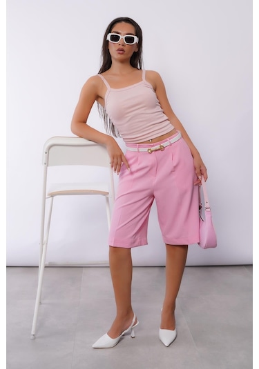Madmext Pembe Pileli Kadın Bermuda Şort Mg2483 Pembe