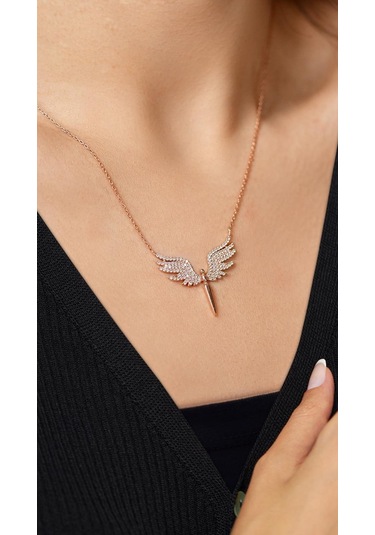 Erdobia Zirkon Taşlı Rose Mikail Kanadı Gümüş Kolye