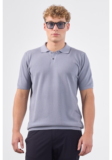Dufy Gri Polo Düğme Yaka Düz Renk Slim Fit Erkek Triko Gri