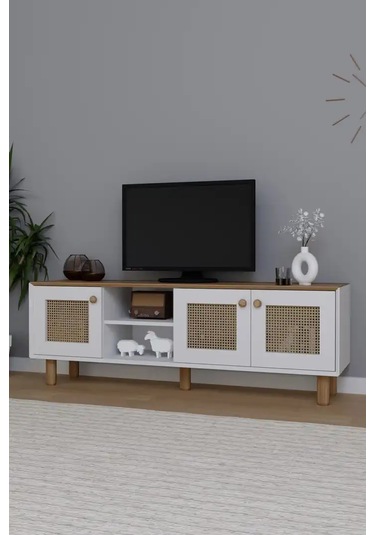 Bohem Serisi Garden Meşe - Beyaz Pvc Hasır Desen Tv Ünitesi Açık Ceviz & Beyaz