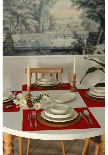 Yakacihome 4'lü Pera Kırmızı Biye Detaylı Duck Keten Yıkanabilir, Leke Tutmaz Supla Amerikan Servis Seti Kırmızı