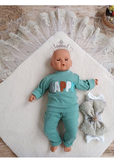 Yenidoğan Kuzulu Taç Nakış Güpürlü Fiyonklu Duvaklı Prizma Taş Unisex Kundak Bebek Battaniyesi Ekru