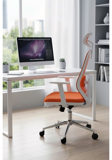 Ofisbazaar Dali Beyaz Fileli Yönetici Koltuğu Ergonomik Başlıklı Ofis Koltuğu Turuncu Turuncu