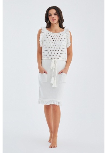 Peraluna Mıyokı Dress %100 Pamuk Diz Hizası Yazlık Kadın Triko El Kırık Beyaz