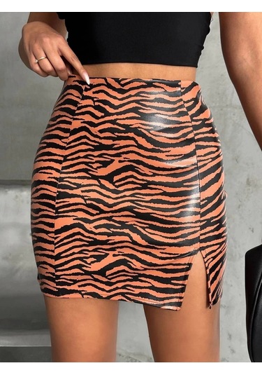 Tek Yırtmaçlı Zebra Desenli Deri Etek Kahvesiyah W24475-s Kahve