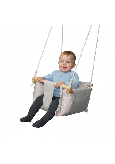 Ahşap Çocuk & Bebek Salıncağı Krem Rengi Minder Yastık Ve Diş Halkalı Tavan Salıncak