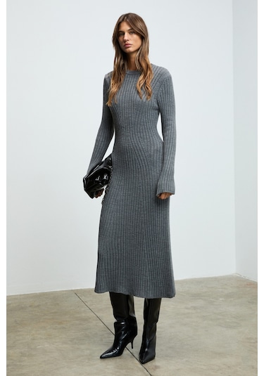 Grımelange Duende Kadın Yuvarlak Yaka Çizgi Desenli Slim Fit Triko Grimelanj Elbise Grimelanj