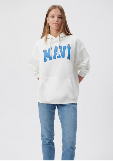 Mavi M1600361-81964-fw Mavi Logo Kapüşonlu Sweatshırt Kırık Kadın Sweatshirt M1600361-81964-R2728 Kırık Beyaz