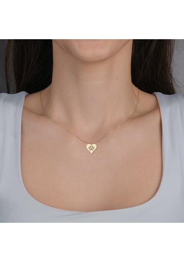 Altın Plakalı 14 Ayar Kedi Patisi İzi Figürlü Sevgililer Günü Hediyesine Özel Altın Kolye-843 Kedi Patisi İzi