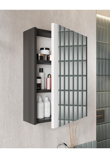 Karen Banyo Kemer 60 Cm,Lavabolu,Aynalı,Banyo Dolabı,Mat Antrasit,Lavabo Dahil Antrasit