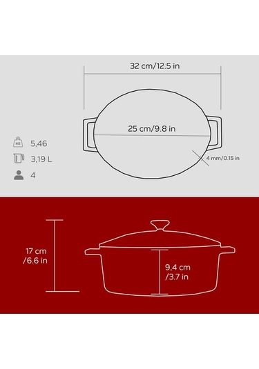 Lava Döküm Oval Tencere. Folk Serisi Ölçü 21x25cm Kırmızı
