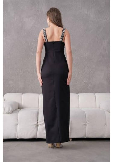 Dipmoda Kadın Taş Detaylı Askılı Uzun Abiye Elbise Dpnbs9367 Siyah