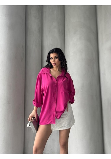 Paw Garage Kadın Flory Ayrobin Oversize Tek Cep Gömlek Pembe