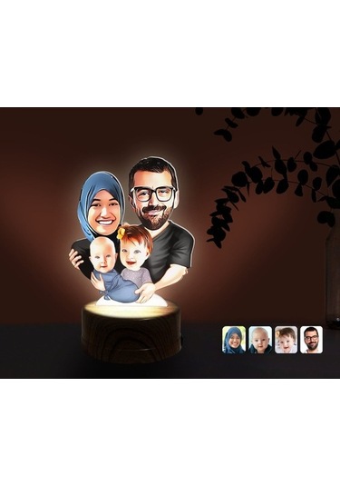 Kişiye Özel Tesettürlü Aile Karikatürlü Dekoratif 3D Biblo Led Iş (483006824)