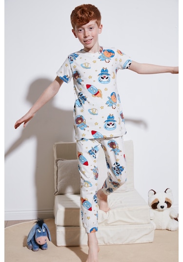 Lela Desenli % 100 Pamuk Bisiklet Yaka Erkek Çocuk Pijama Takımı 6651003 Ekru-Mavi