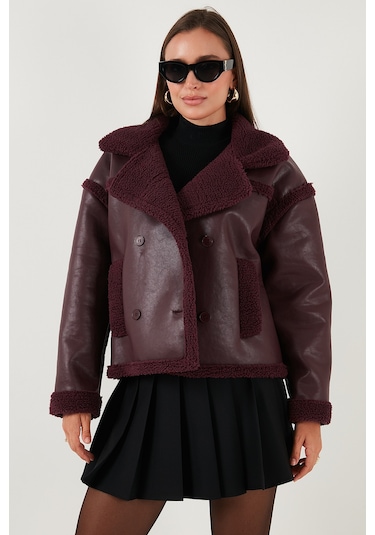 Lela Oversize Kruvaze Yaka Peluş Detaylı Suni Deri Biker Ceket Bayan Mont 6810247 Bordo